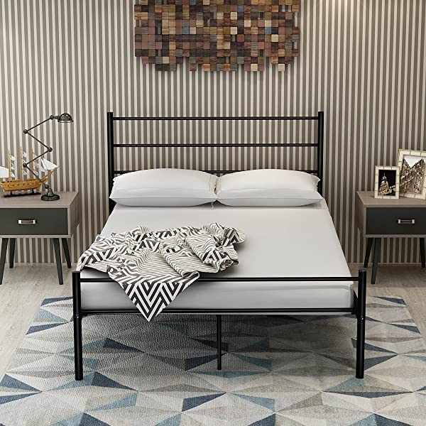 DUMEE Full Bed Frame with Headboard and Footboard Metal Platform Bed Frames Mattress Foundation Bases Bed Slats Support No Box Spring Needed, Full Size Black Black Full