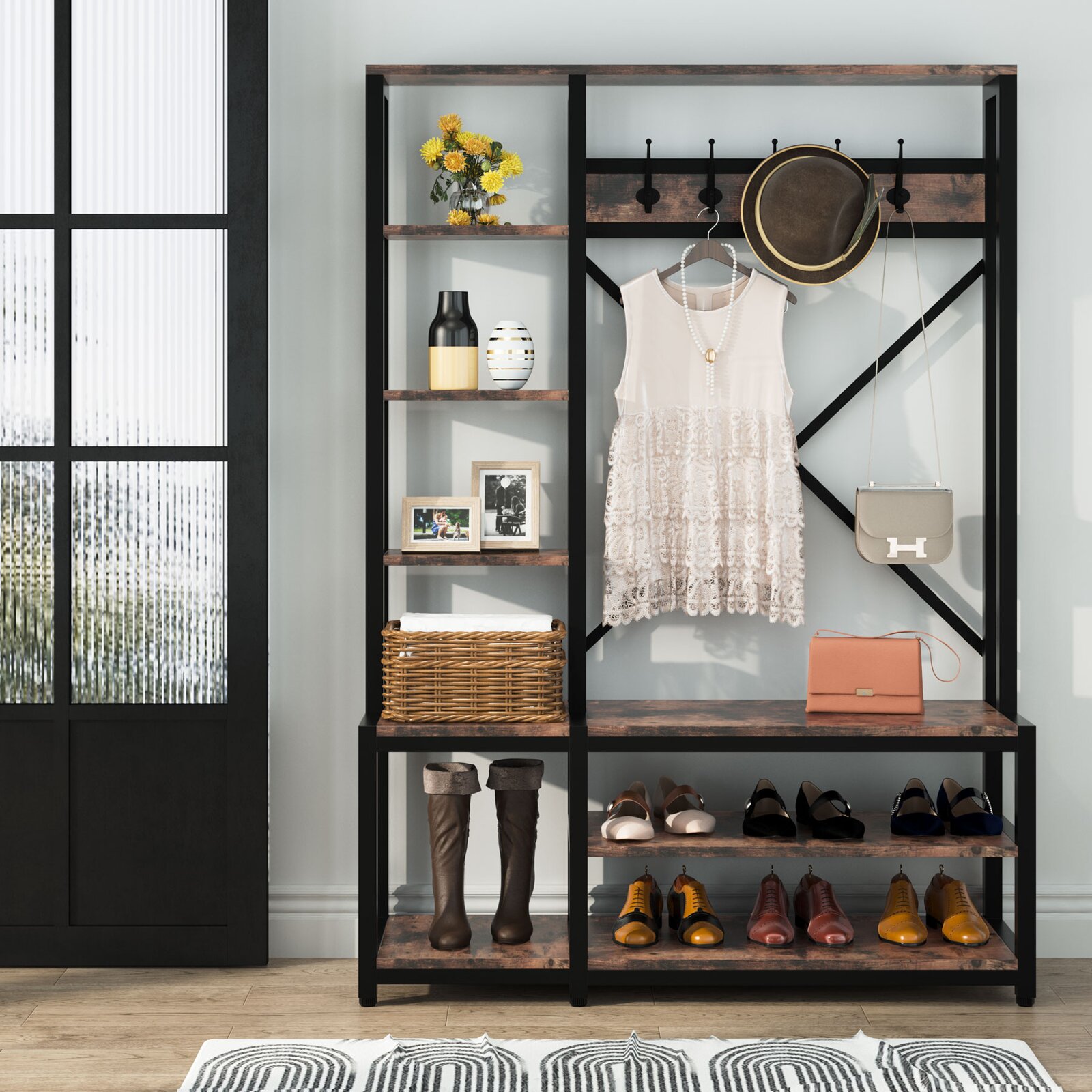 【Furniture】Emelyne 47.2'' Wide Iron Hall Tree with Bench and Shoe Storage