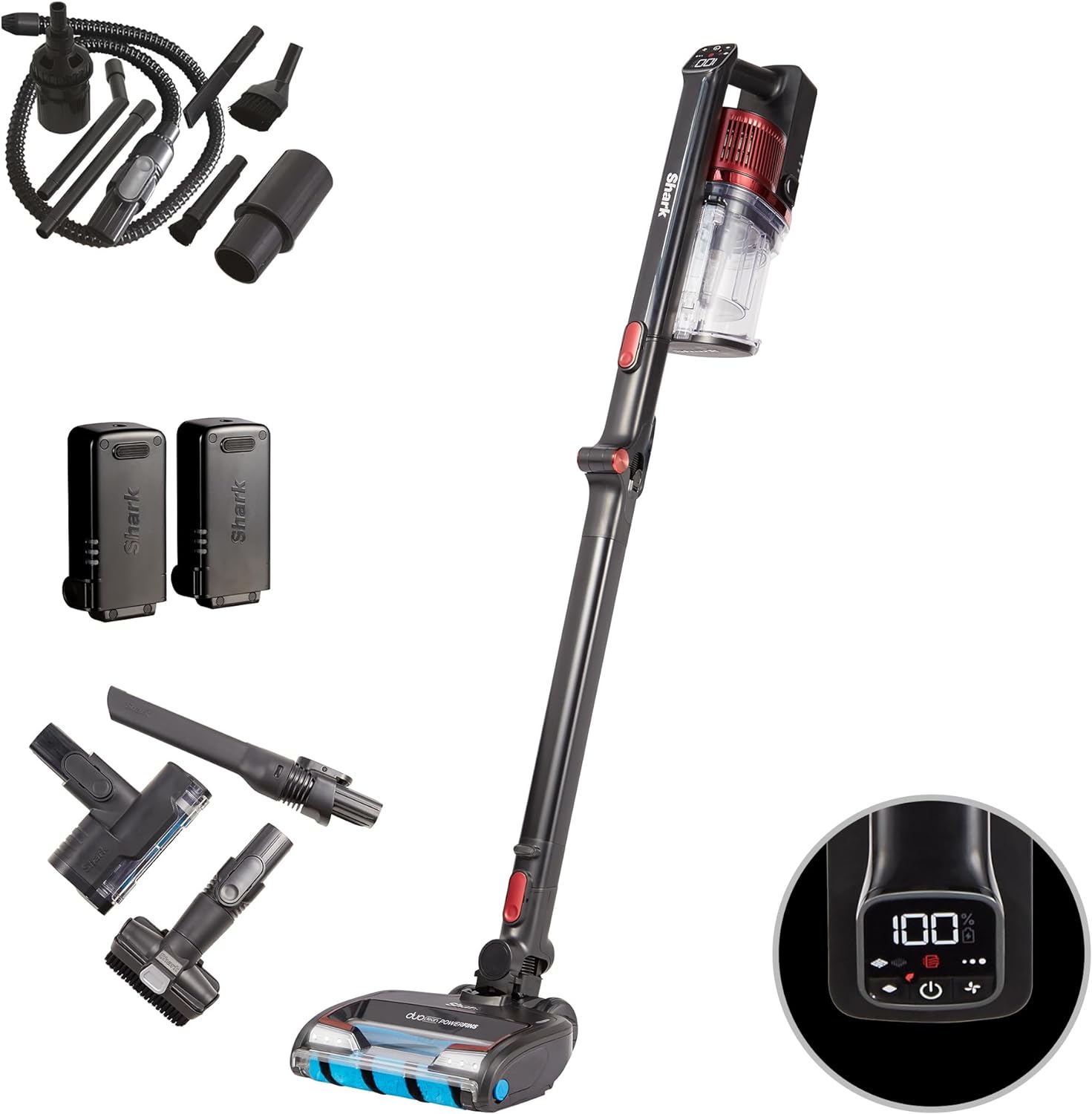 Shark Cordless Stick Vacuum Cleaner, Anti Hair Wrap, 60 Minute Run Time Battery, Flexible DuoClean Vacuum with Car Kit, Pet Tool, Multi-Surface & Crevice Tools, Black & Red, IZ300UKTSB
