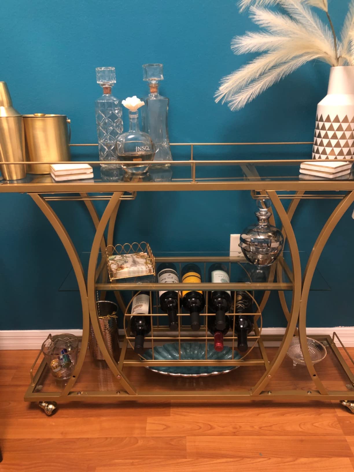 【Furniture】Bar Serving Cart with Glass Holder and Wine Rack, 3-Tier Kitchen Trolley, Mobile Wine Cart for Home