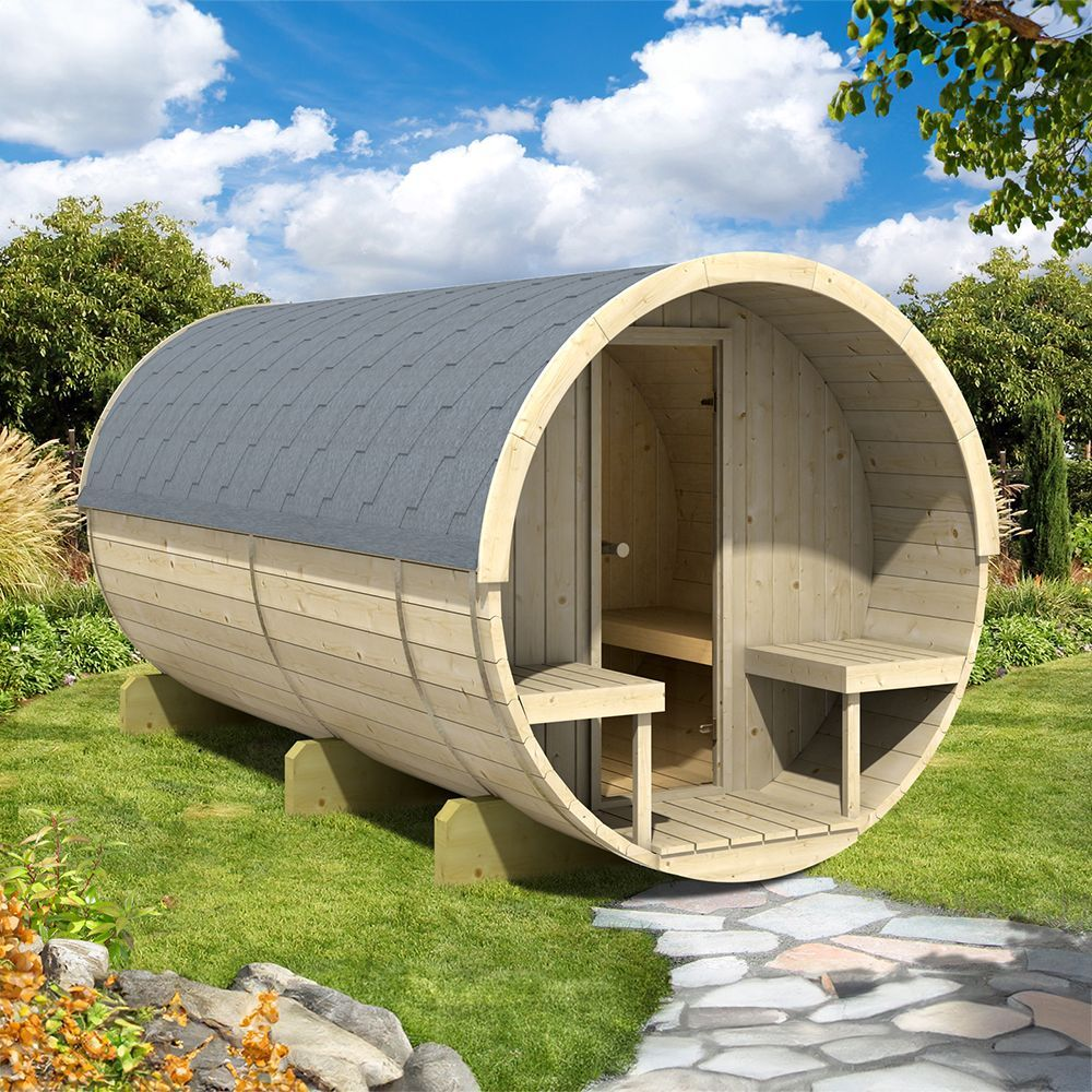 8 Person Barrel Sauna with Separate Dressing Room & Electric Heater