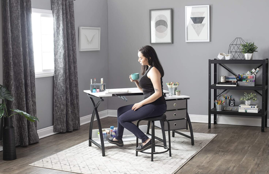 SD STUDIO DESIGNS 2 Piece Comet Craft Table | Angle Adjustable Top and Stool | Black/White