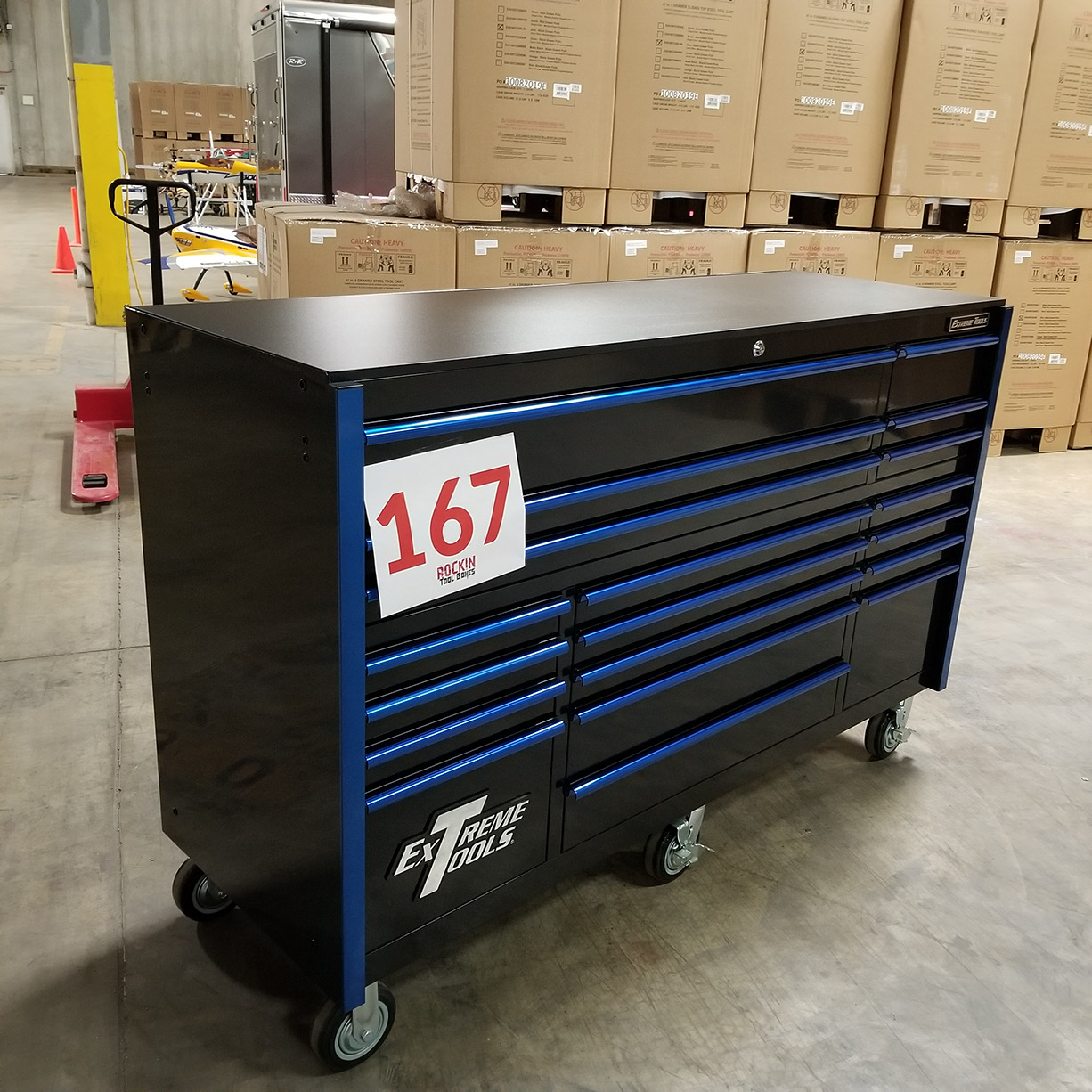 used toolboxShowroom Demo, Extreme Tools RX Series 72 19 Drawers 25 Deep Roller Cabinet, Black-Blue, 150 lbs. Slides