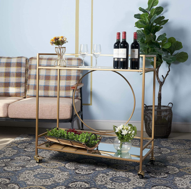 Large Gold Rolling Bar Cart with 2 Mirrored Shelves, Wine Drink Trolley Cart with Lockable Wheels, Suitable for Kitchen, Club, Living Room, 36