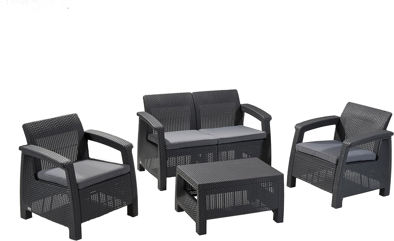 Keter GF06784 Corfu Outdoor 4 Seater Rattan Sofa Furniture Set with Accent Table - Graphite with Cream/Mushroom Cushions